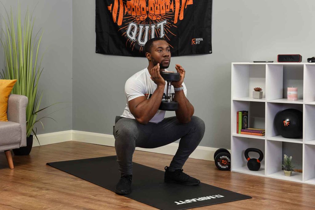 This is an image of a fitness model demonstrating the dumbbell squat exercise with just one dumbbell. The exercise can be performed with two.
